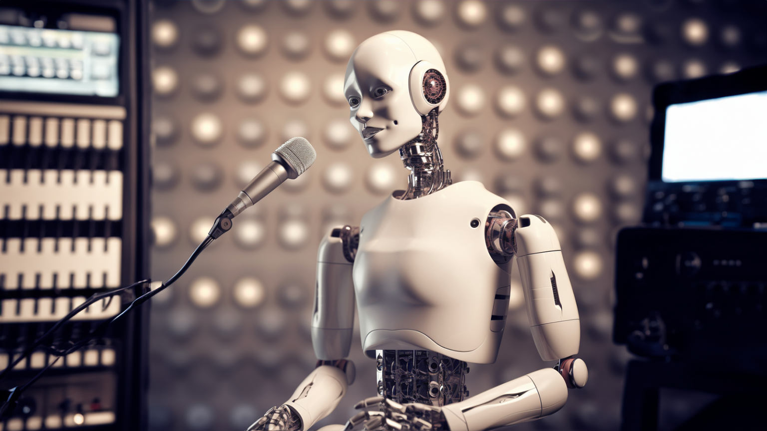 Comment écrire des paroles de musique avec l’AI et ChatGPT ? Photo d'un robot qui chante dans un micro en studio